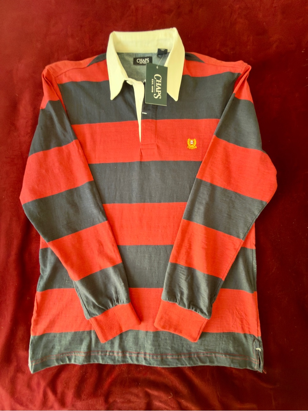 Chaps Men's Red and Gray Striped Rugby Polo Shirt Sz M
